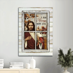 Autumn Season Jesus Portrait Poster: Abstract Watercolor Cardinals Christian Home Decor Gift - I Am Always With You