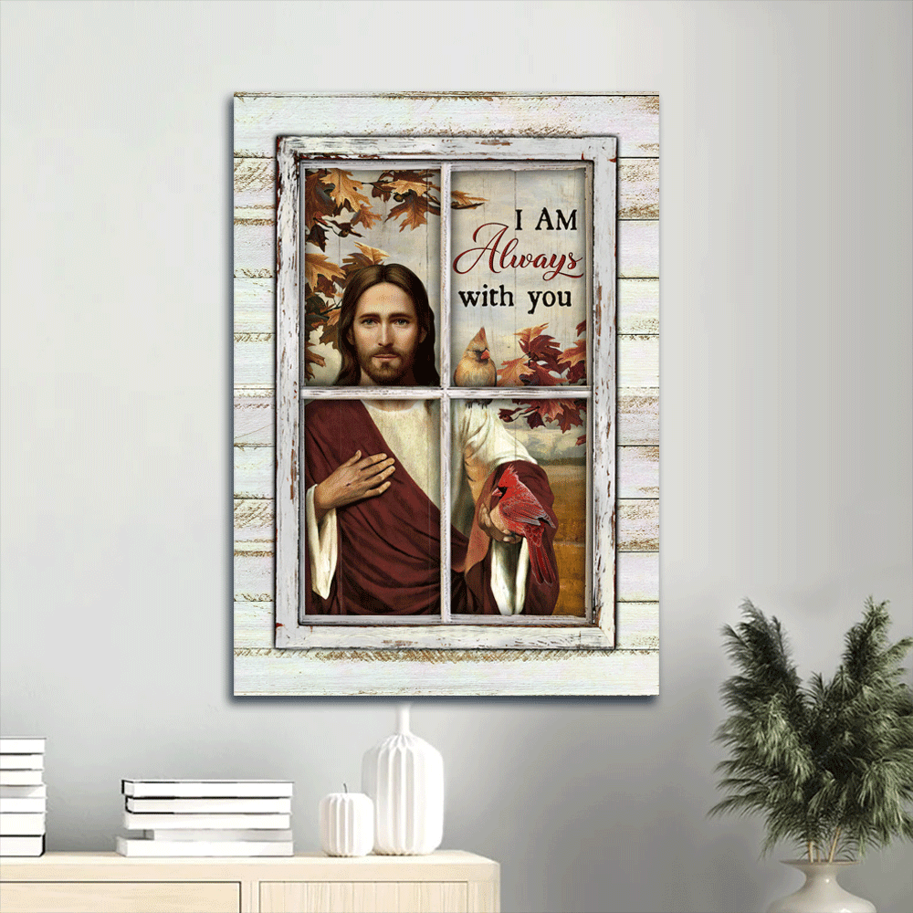 Autumn Season Jesus Portrait Poster: Abstract Watercolor Cardinals Christian Home Decor Gift – I Am Always With You Autumn Season Jesus Portrait Poster: Abstract Watercolor Cardinals Christian Home Decor Gift – I Am Always With You