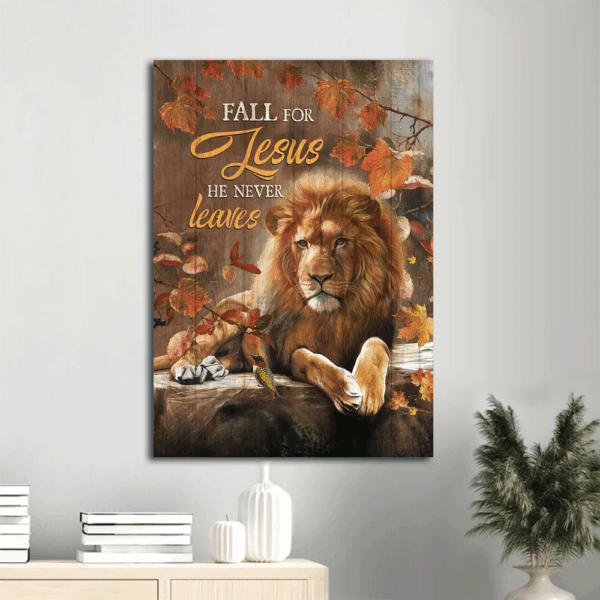 Autumn Lion of Judah Jesus Portrait Poster – Christian Home Decor Gift – Fall Leaves Art