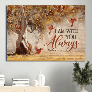 Autumn Forest Jesus Landscape Poster - Red Cardinals Abstract Art Bible Verse - Perfect Christian Home Decor Gift