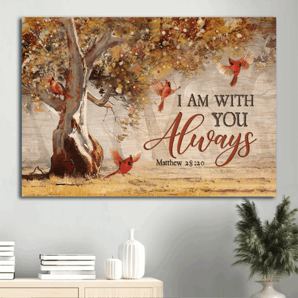 Autumn Forest Jesus Landscape Poster – Red Cardinals Abstract Art Bible Verse – Perfect Christian Home Decor Gift