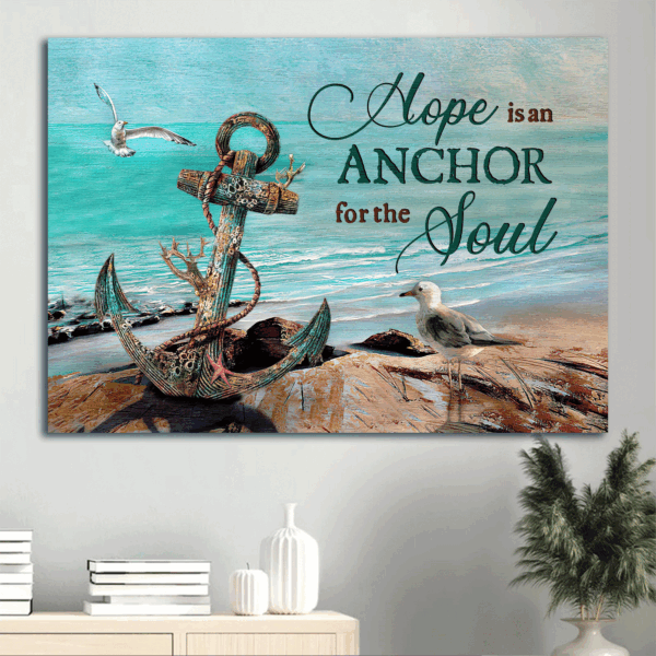 Jesus Landscape Poster Home Decor Gift – Antique Anchor Brilliant Ocean Seagull Blue Ocean – Gift For Christian – Hope Is An Anchor For The Soul