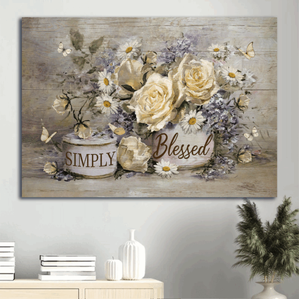 Vintage Jesus Landscape Poster Home Decor Gift – Antique Artwork with Yellow Butterfly and Vintage Flowers – Simply Blessed Christian Gift