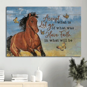 Jesus Landscape & Horse Painting Poster- Christian Home Decor Gift with Yellow Butterfly- Accept What Is Let Go