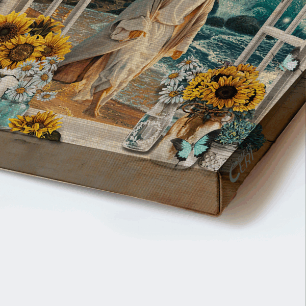 Jesus Walking on Water & Sunflower Landscape Poster – Religious Christian Home Decor Gift