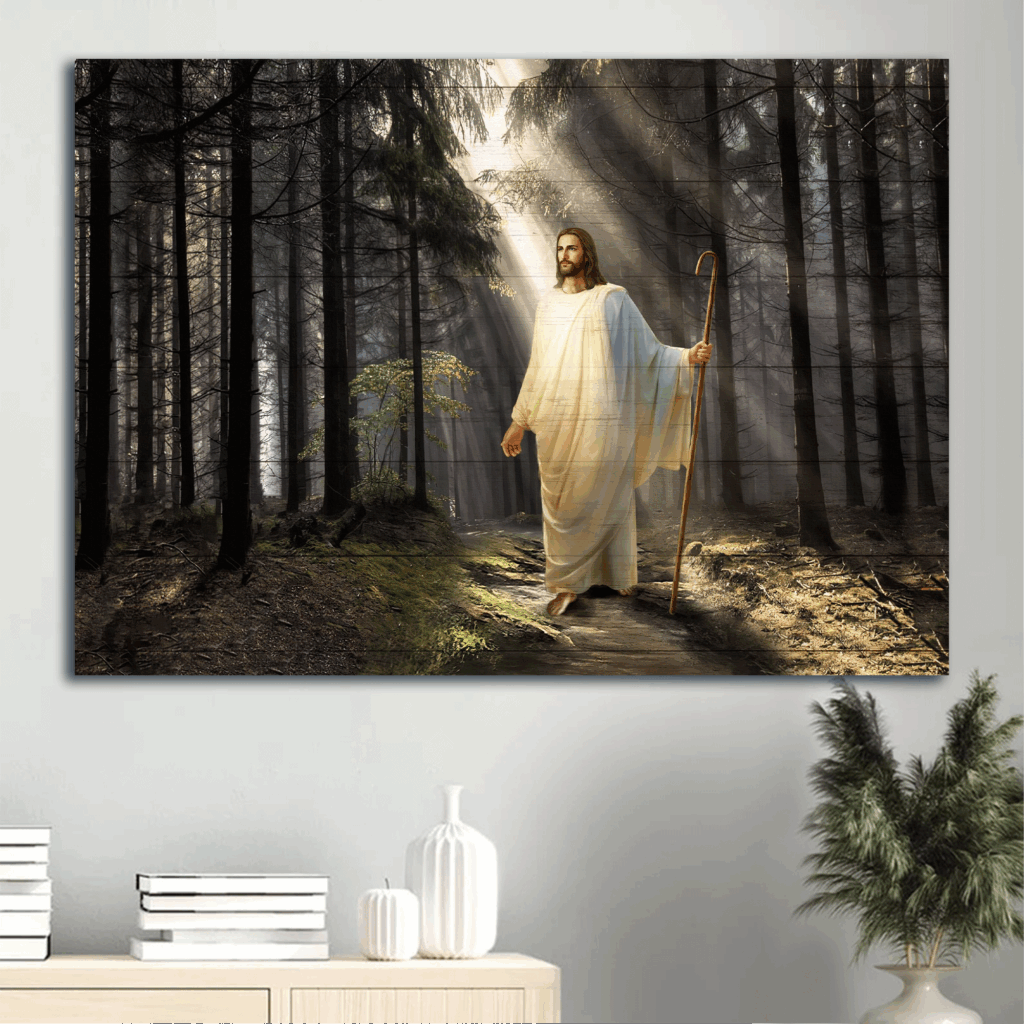 Abstract Jesus Landscape Poster: Inspirational Religious Home Decor Gift with Miracle Light in Forest Abstract Jesus Landscape Poster: Inspirational Religious Home Decor Gift with Miracle Light in Forest