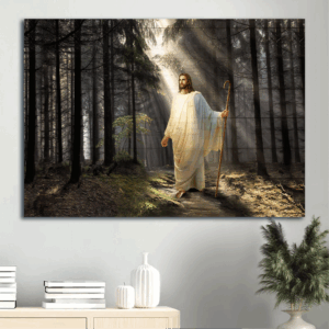 Abstract Jesus Landscape Poster: Inspirational Religious Home Decor Gift with Miracle Light in Forest
