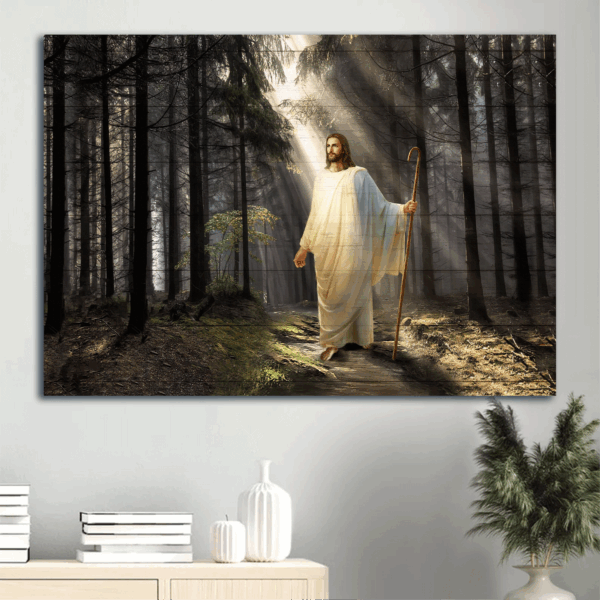 Abstract Jesus Landscape Poster: Inspirational Religious Home Decor Gift with Miracle Light in Forest