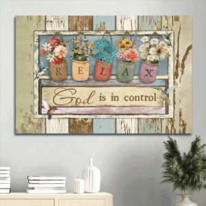 Abstract Hummingbirds & Watercolor Flower Jars Jesus Landscape Poster - Christian Home Decor Gift - God Is In Control