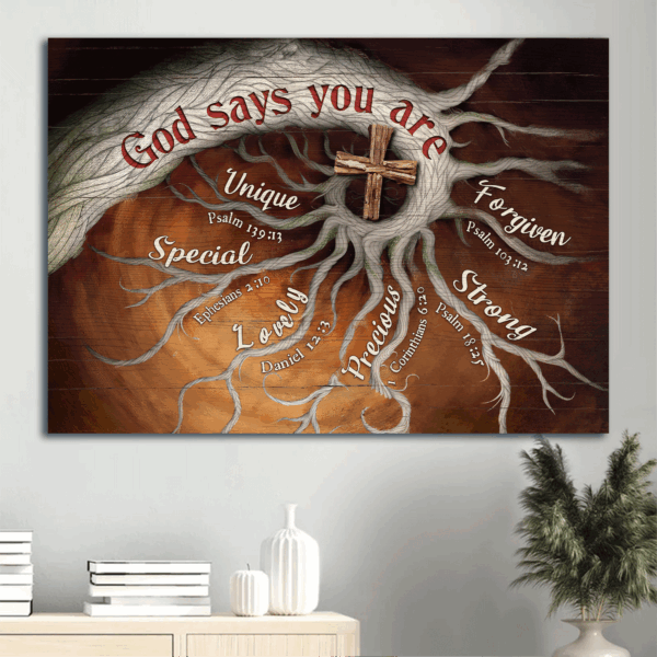 Jesus Landscape Poster Home Decor – Tree Roots Wooden Cross Painting Bible Verses – Inspirational Gift for Religious Christians