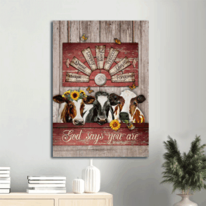 Jesus Portrait Poster Home Decor Gift - Christian Wall Art with Dairy Cow Sunflower Wreath and Windmill - God Says You Are