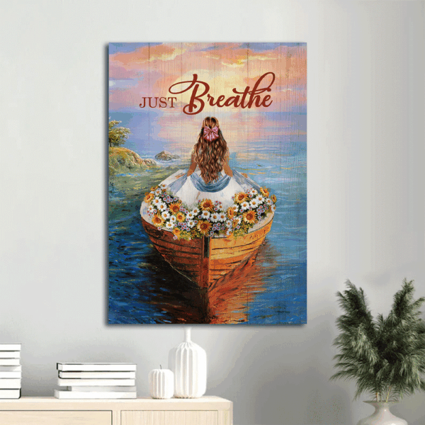 Jesus Portrait Poster Home Decor Gift – Stunning Boat Watercolor Flower Elegant Girl Beautiful Sunset – Gift for Christian – Just Breathe