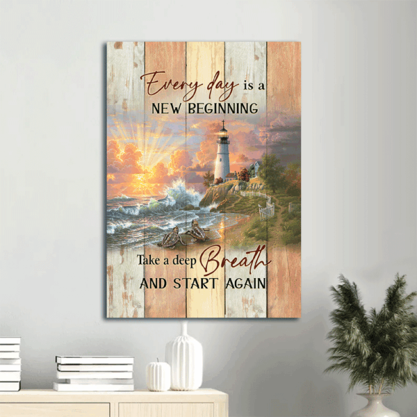 Christian Home Decor Gift: Jesus Sunset Turtle Lighthouse Portrait Poster – New Beginning