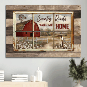 Jesus Landscape Poster Home Decor Gift - Antique Window White Poppy Red House - Gift For Christian - Country Roads Take Me Home