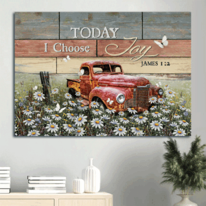 Vintage Jesus Landscape Poster - Christian Home Decor Gift with Ladybug Car and Daisy Field - Choose Joy Today
