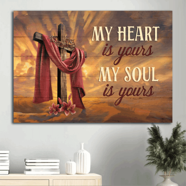 Christian Home Decor Gift: Jesus Landscape Poster with Big Cross Crown of Thorns and Red Lily Flower