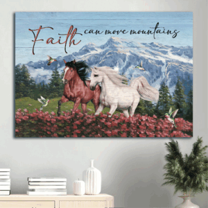 Jesus Landscape Poster Home Decor Gift - Beautiful Horses Pink Flower Field Hummingbird  Poster Home Decor Gift - Gift for Christian - Faith Can Move Mountains