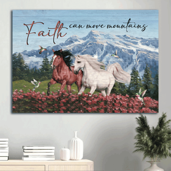 Jesus Landscape Poster Home Decor Gift – Beautiful Horses Pink Flower Field Hummingbird  Poster Home Decor Gift – Gift for Christian – Faith Can Move Mountains
