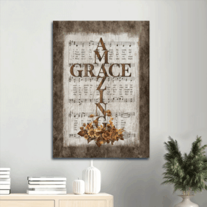 Vintage Jesus Portrait Poster - Amazing Grace Song Cross & Flower Home Decor Gift for Christian