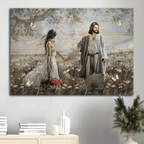 Jesus Landscape Poster Home Decor Gift – Daisy Field Pretty Girl Rose Vase White Butterfly  Poster Home Decor Gift – Gift for Christian