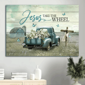 Christian Home Decor Gift: Jesus Landscape Poster with Daisy Field and Wooden Cross - Vintage Painting for Wall Art - Blue Butterfly  Poster Home Decor Gift for Christian Gift - Jesus Take the Wheel