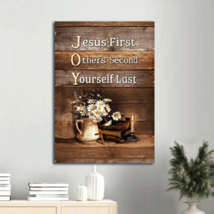 Jesus Portrait Poster Home Decor Gift - Christian Still Life Painting with Wooden Cross  Poster Home Decor Gift and Daisy Flower Vase