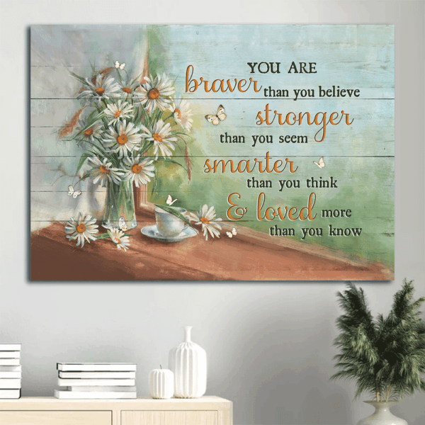 Christian Home Decor Gift: Jesus Landscape Poster with Daisy Drawing and Tea Cup – Braver than You Believe