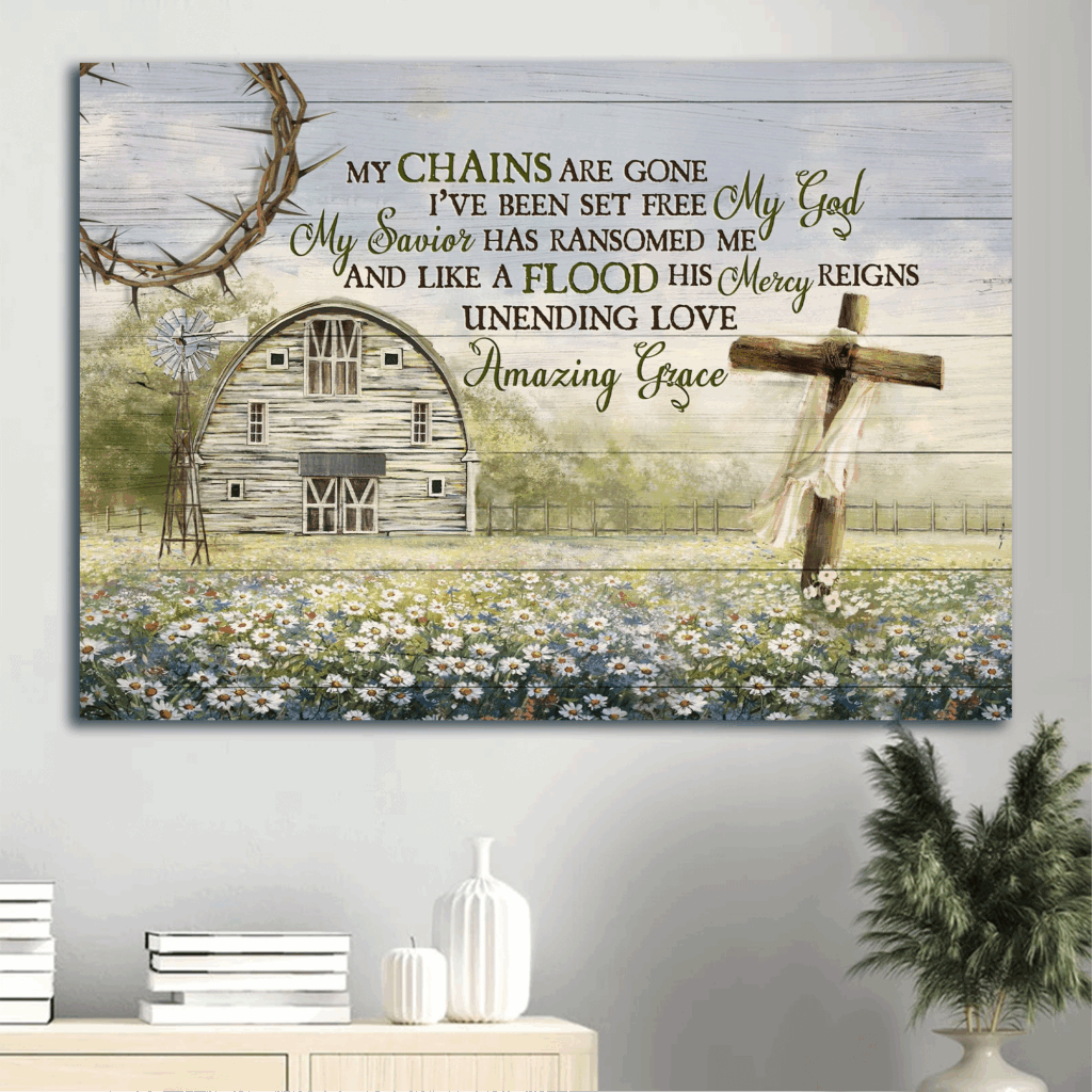 Christian Landscape Poster Gift: Jesus Daisy Field Poster Home Decor Gift with Wooden Cross and Farm Scene – My Chains Are Gone Christian Landscape Poster Gift: Jesus Daisy Field Poster Home Decor Gift with Wooden Cross and Farm Scene – My Chains Are Gone