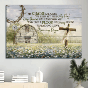 Christian Landscape Poster Gift: Jesus Daisy Field  Poster Home Decor Gift with Wooden Cross and Farm Scene - My Chains Are Gone