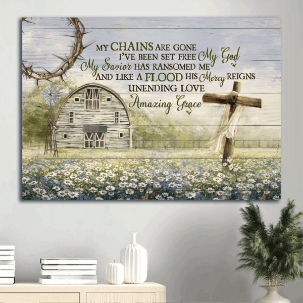 Christian Landscape Poster Gift: Jesus Daisy Field  Poster Home Decor Gift with Wooden Cross and Farm Scene – My Chains Are Gone