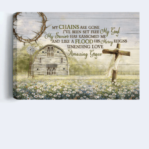 Christian Landscape Poster Gift: Jesus Daisy Field Poster Home Decor Gift with Wooden Cross and Farm Scene - My Chains Are Gone 3