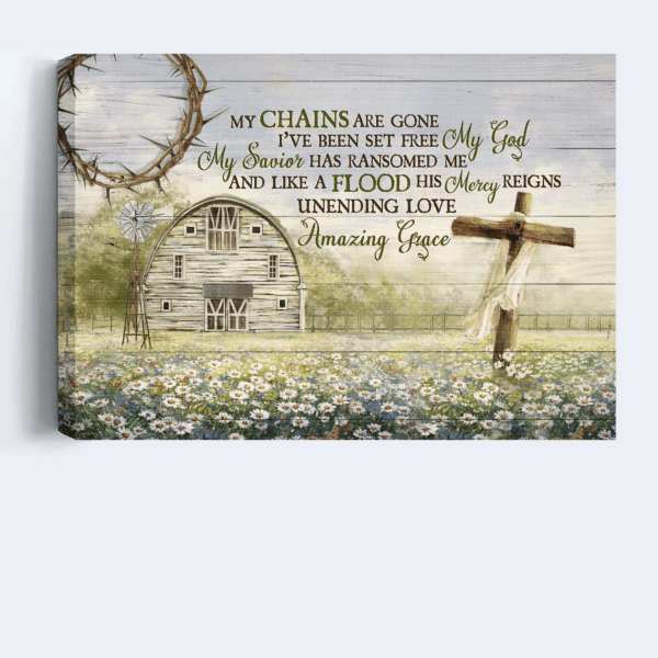 Christian Landscape Poster Gift: Jesus Daisy Field  Poster Home Decor Gift with Wooden Cross and Farm Scene – My Chains Are Gone