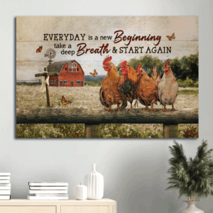 Christian Home Decor Gift: Jesus Landscape Poster with Cute Rooster Happy Farm Red House and Orange Butterfly  Poster Home Decor Gift - Everyday is a New Beginning
