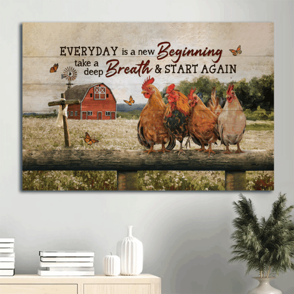 Christian Home Decor Gift: Jesus Landscape Poster with Cute Rooster Happy Farm Red House and Orange Butterfly  Poster Home Decor Gift – Everyday is a New Beginning