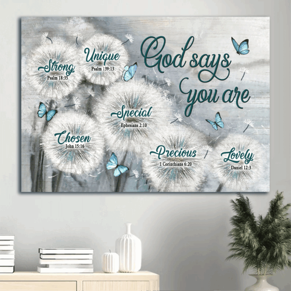 Jesus Landscape Poster: Dandelion Field & Blue Butterfly  Poster Home Decor Gift Home Decor Gift for Christian – God Says You Are
