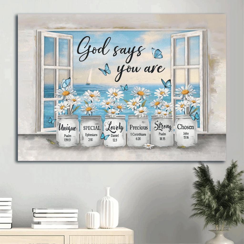 Jesus Landscape Poster Home Decor Gift with Daisy Flower Sea Painting & Blue Butterfly – Christian Gift: God Says You Are Jesus Landscape Poster Home Decor Gift with Daisy Flower Sea Painting & Blue Butterfly – Christian Gift: God Says You Are