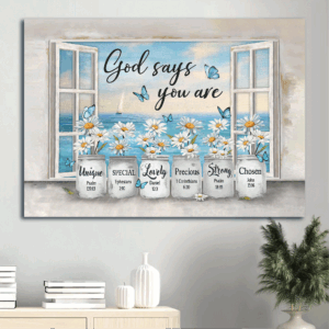 Jesus Landscape  Poster Home Decor Gift with Daisy Flower Sea Painting & Blue Butterfly - Christian Gift: God Says You Are