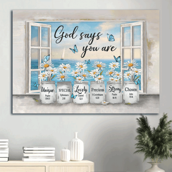 Jesus Landscape  Poster Home Decor Gift with Daisy Flower Sea Painting & Blue Butterfly – Christian Gift: God Says You Are