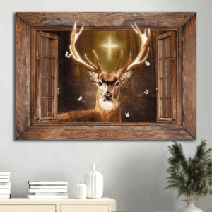 Christian Home Decor Gift: Jesus Landscape Poster with Deer Painting and Cross Light