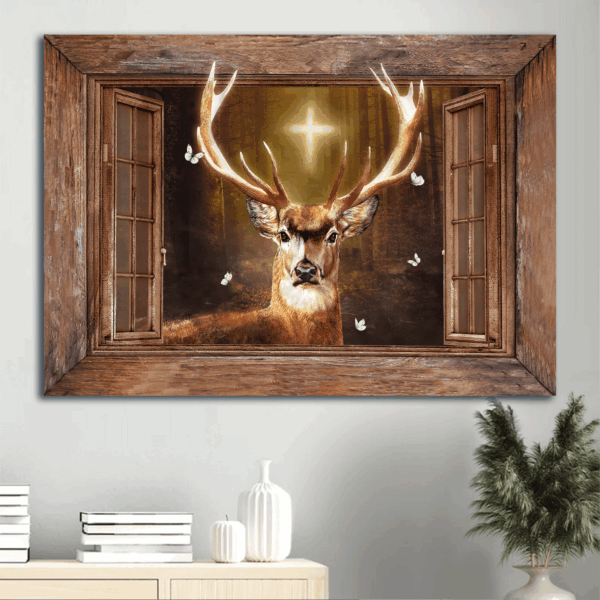 Christian Home Decor Gift: Jesus Landscape Poster with Deer Painting and Cross Light