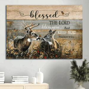 Jesus Landscape Poster Home Decor Gift - Deer Couple Painting in Forest with Orange Butterfly  Poster Home Decor Gift - Christian Gift - Blessed by the Lord