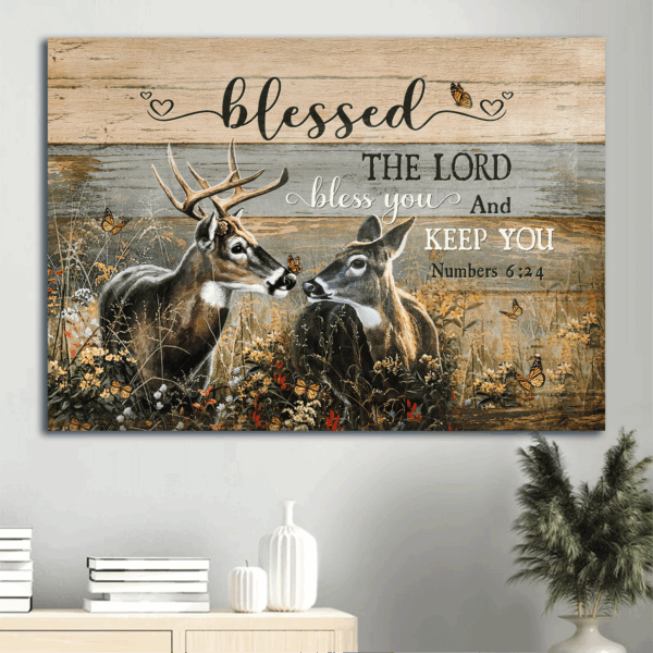 Jesus Landscape Poster Home Decor Gift – Deer Couple Painting in Forest with Orange Butterfly  Poster Home Decor Gift – Christian Gift – Blessed by the Lord