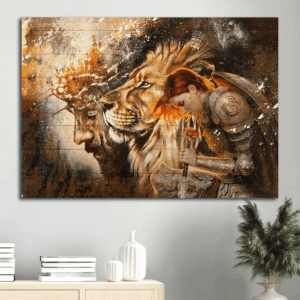 Female Knight Praying to Jesus Lion of Judah  Poster Home Decor Gift - Christian Home Decor Gift