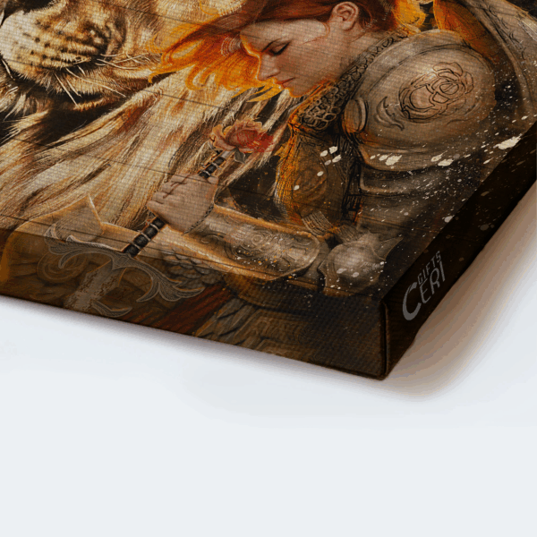 Female Knight Praying to Jesus Lion of Judah  Poster Home Decor Gift – Christian Home Decor Gift