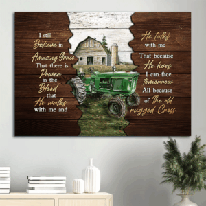 Tranquil Farm Tractor Jesus Landscape Poster- Christian Gift- Amazing Grace Home Decor Wall Art