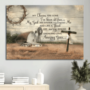 Jesus Landscape Poster: Farm House Painting with Wooden Cross  Poster Home Decor Gift - Tranquil Meadow Decor Gift for Christians