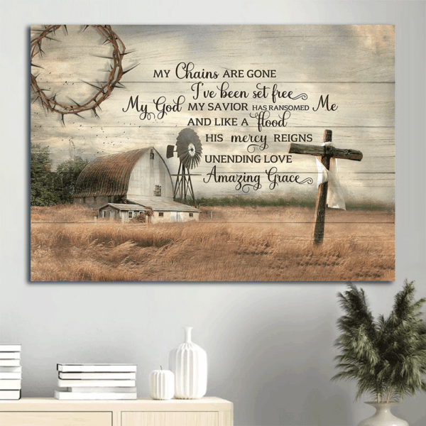 Jesus Landscape Poster: Farm House Painting with Wooden Cross  Poster Home Decor Gift – Tranquil Meadow Decor Gift for Christians