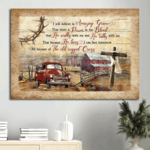 Farm Painting Jesus Landscape Poster - Red Truck & Wooden Cross  Poster Home Decor Gift Wall Art Gift for Christian - Amazing Grace Home Decor Print