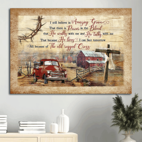 Farm Painting Jesus Landscape Poster – Red Truck & Wooden Cross  Poster Home Decor Gift Wall Art Gift for Christian – Amazing Grace Home Decor Print