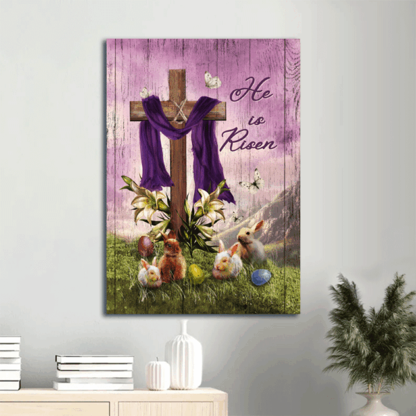 He is Risen Jesus Portrait Poster – Easter Bunny Cross Lily White Butterfly – Christian Home Decor Gift